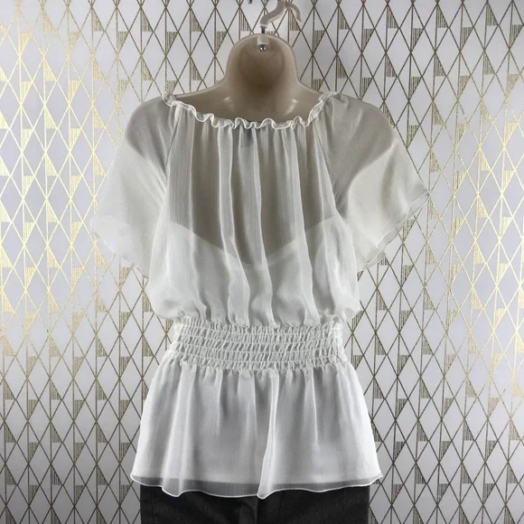 Flutter Sleeve Sheer Chic Cream Blouse Top - Picture 5 of 16
